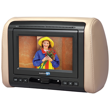 Movies To Go monitor in a light-colored headrest cover