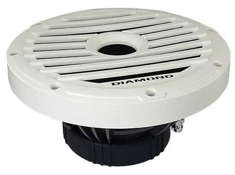 White Diamond Audio subwoofer viewed at an angle, showing its grille and black basket