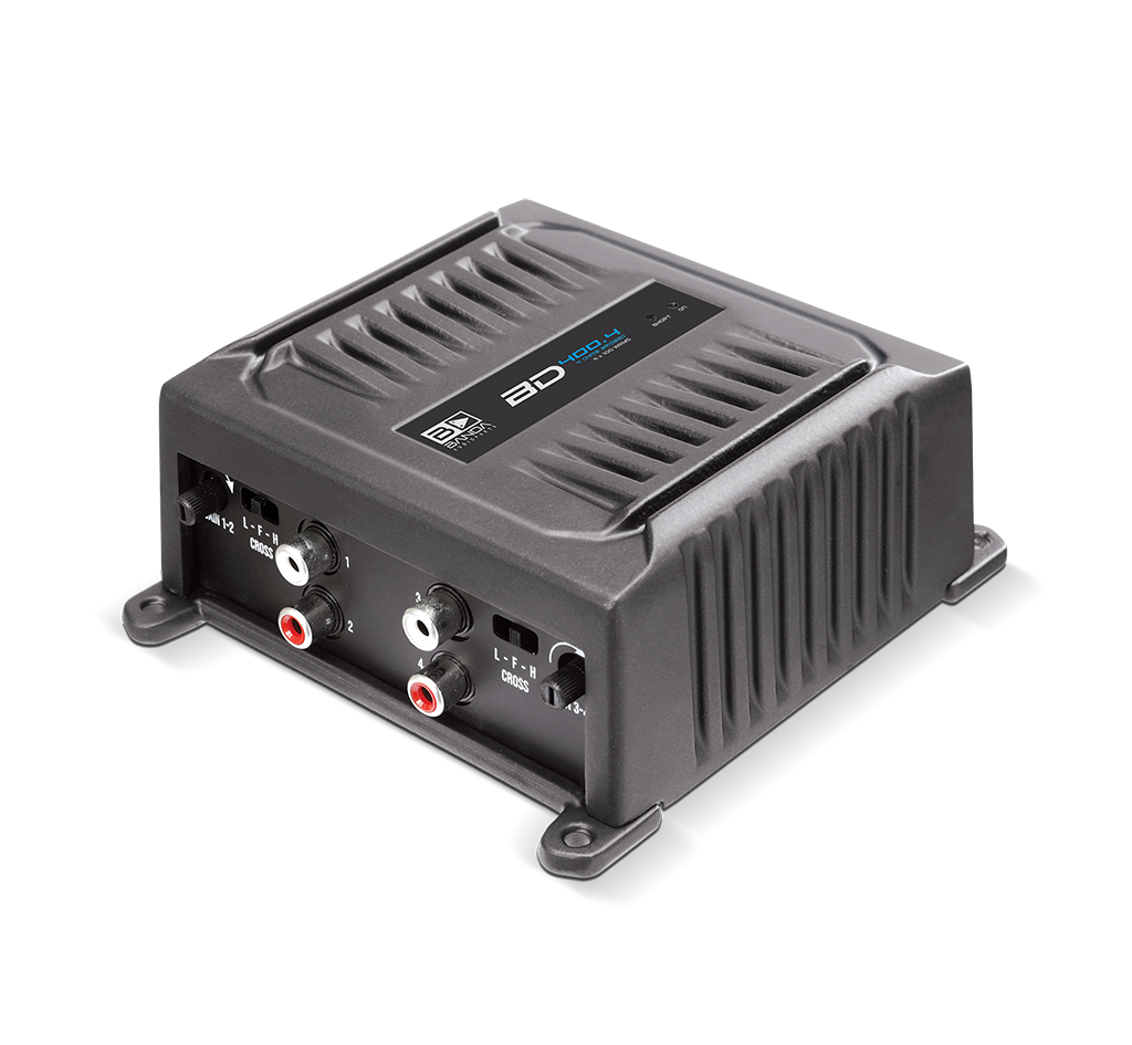 Banda BD 400.4 2-ohm amplifier, angled input-panel view