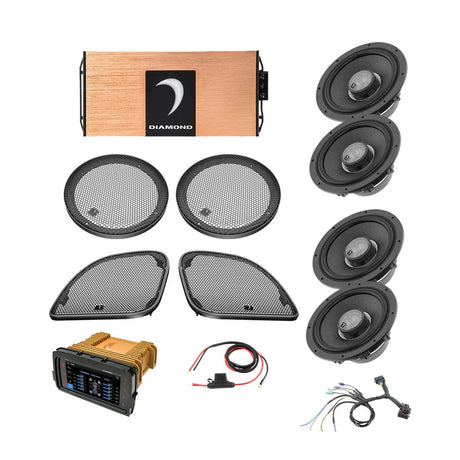 Diamond Audio audio-system layout with receiver, copper-colored amplifier, four speakers, grilles and wiring
