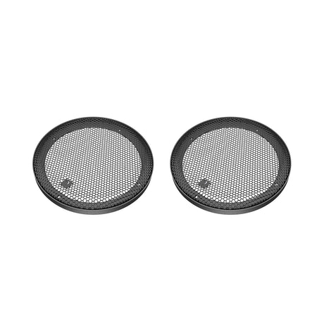 Pair of round black Diamond Audio speaker grilles with silver mesh