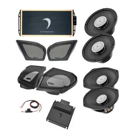 Diamond Audio audio-system layout with amplifier, four speakers, grilles, lid parts, interface module and power harness