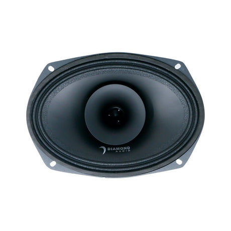 Front view of a black Diamond Audio oval coaxial speaker with a central horn