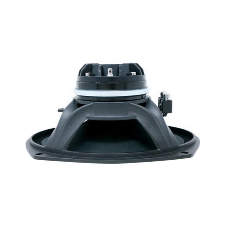 Side view of a Diamond Audio oval speaker showing its basket, magnet and terminals