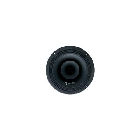 Front view of a black Diamond Audio round coaxial speaker with a central horn