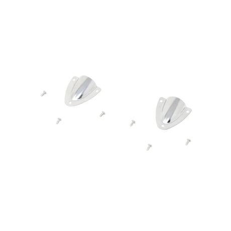 Pair of small silver mounting brackets with screws laid out around them