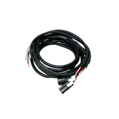 Coiled black speaker wiring harness with plug connectors and loose colored leads