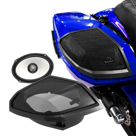 White-cone speaker and lid grille shown beside the grille installed on a blue motorcycle saddlebag