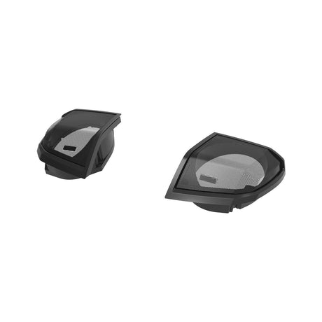 Pair of black speaker-lid housings with mesh grilles, shown at an angle