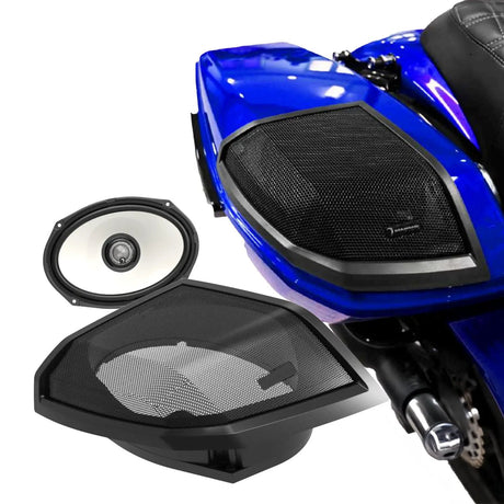 White-cone speaker and lid grille shown beside the grille installed on a blue motorcycle saddlebag