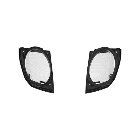 Rear view of two Diamond Audio saddlebag lid speaker grilles with oval mounting openings