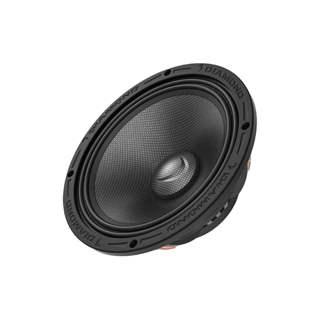 Angled front view of a Diamond Audio round speaker with a textured black cone
