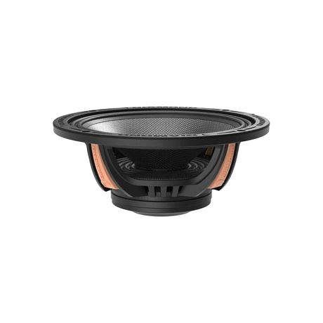 Side view of a Diamond Audio round speaker showing its basket and copper-colored supports