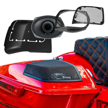 Diamond Audio oval horn speaker, mounting parts and mesh grille shown above an installed grille on a red motorcycle saddlebag