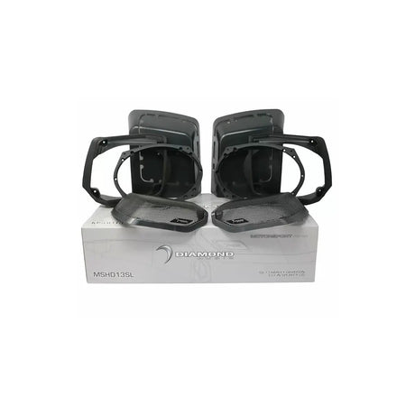 Black speaker-lid housings, mounting frames and mesh grilles arranged on a Diamond Audio box