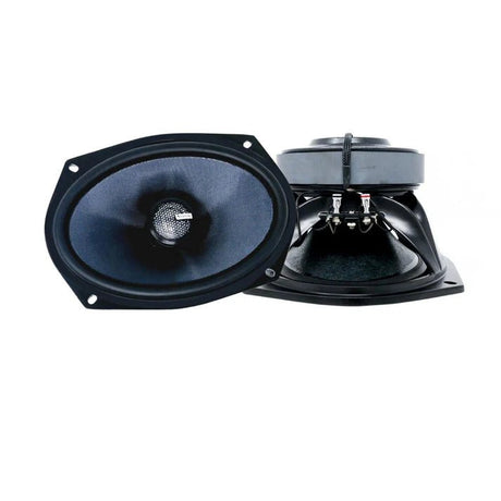 Oval black coaxial speaker shown from the front beside a rear-side view of its basket and magnet