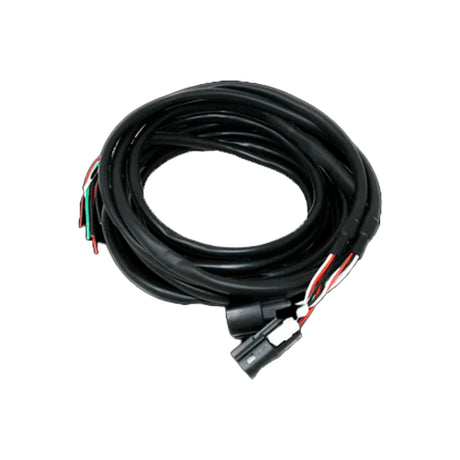 Coiled black speaker wiring harness with plug connectors and exposed colored wire ends