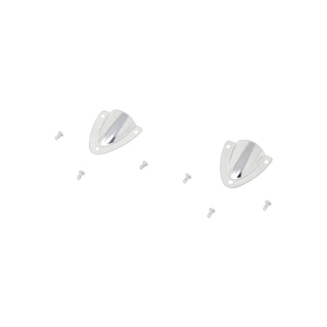 Two small silver mounting pieces with their screws arranged separately