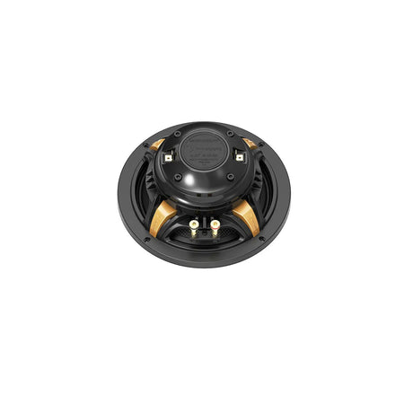 Angled rear view of a Diamond Audio round speaker with gold-colored basket supports and terminals