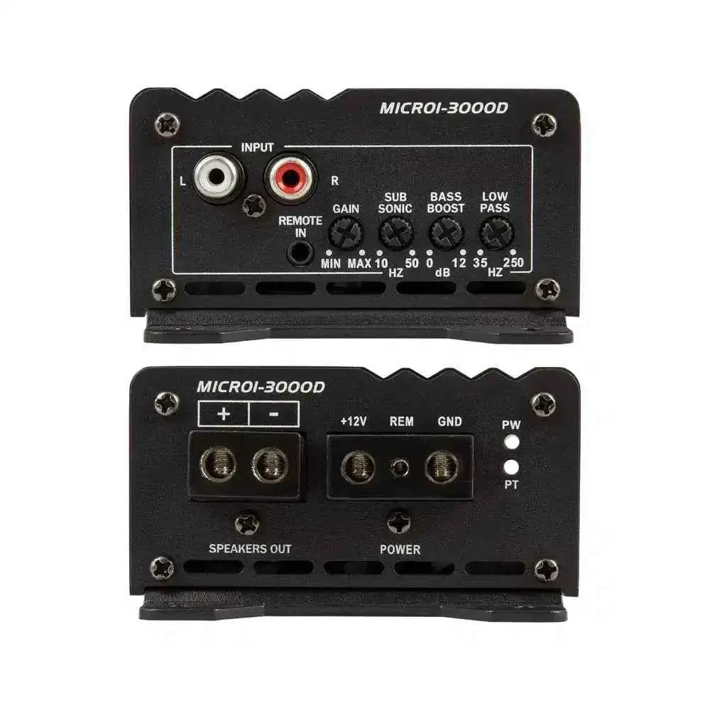Power Acoustik MICRO1-3000D amplifier - signal controls and power terminal panels
