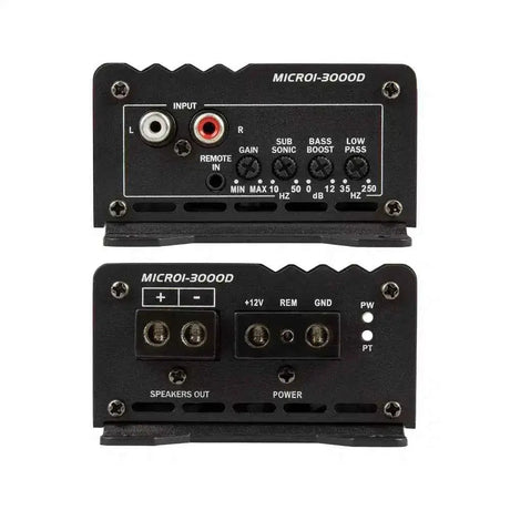 Power Acoustik MICRO1-3000D amplifier - signal controls and power terminal panels