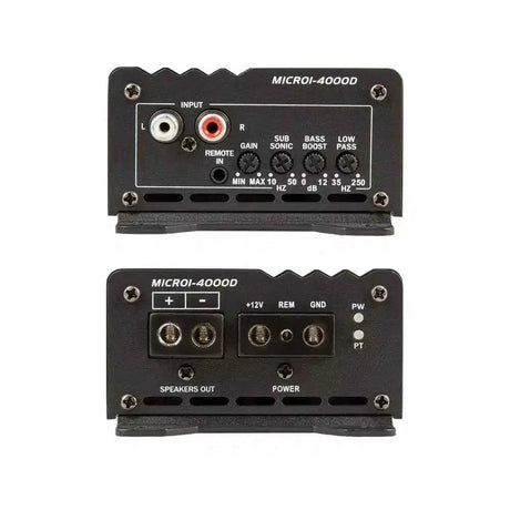Power Acoustik MICRO1-4000D amplifier - signal controls and power terminal panels