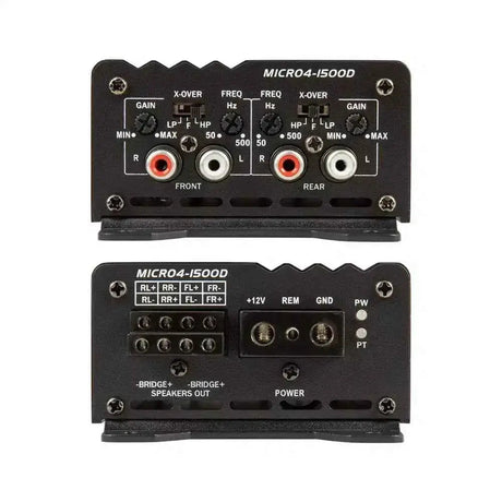 Power Acoustik MICRO4-1500D amplifier - signal controls and power terminal panels