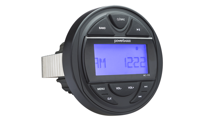 PowerBass MC-110 marine digital media receiver, front three-quarter view with mounting bracket
