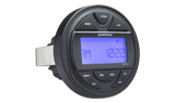 PowerBass MC-110 marine digital media receiver, front three-quarter view with mounting bracket
