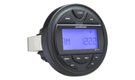 PowerBass MC-110 marine digital media receiver, front three-quarter view with mounting bracket