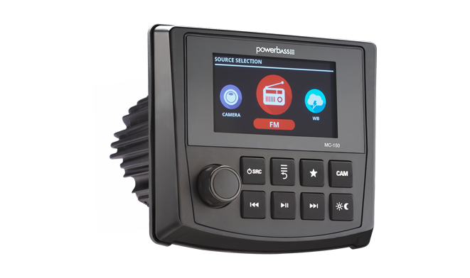 PowerBass MC-150 marine digital media receiver, upright front three-quarter view