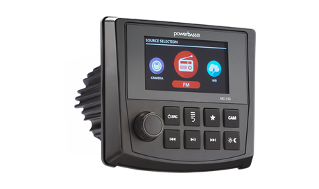 PowerBass MC-150 marine digital media receiver, upright front three-quarter view