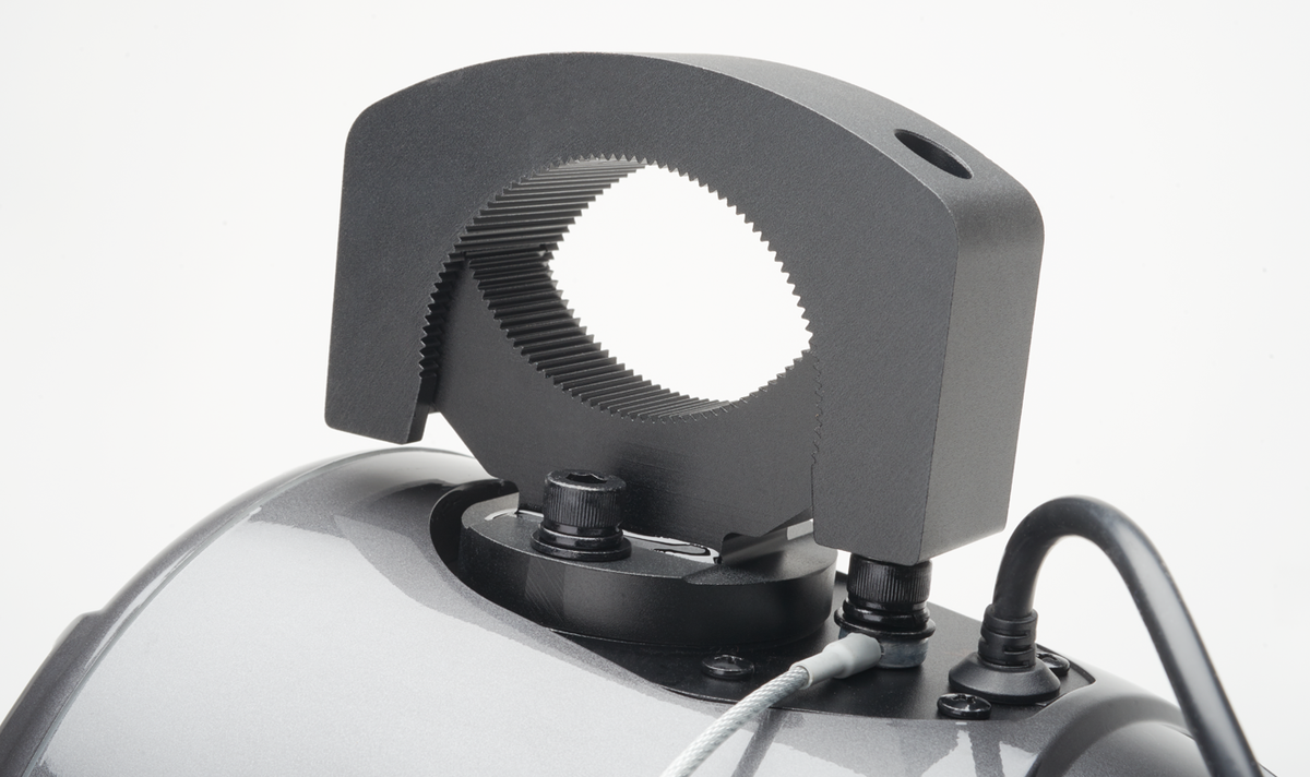 Close-up of PowerBass PBXS-POD6CLR rotatable C-clamp mounting bracket and cable entry