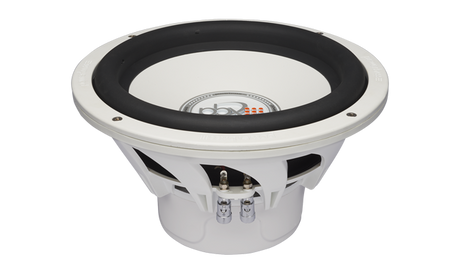 PowerBass XL-1040DMF white 10-inch dual-voice-coil marine subwoofer, angled top and side view without grille