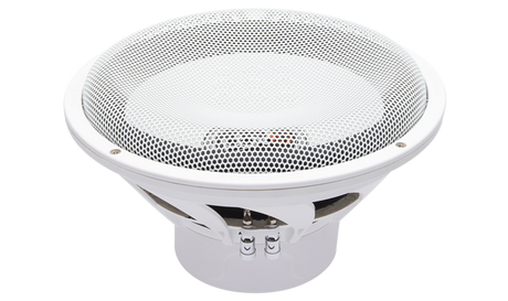 PowerBass XL-1040DMF official gallery image showing white marine subwoofer with metal mesh grille installed
