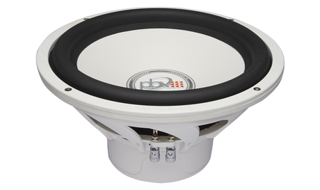 PowerBass XL-1240DMF white 12-inch dual-voice-coil marine subwoofer, angled top and side view without grille