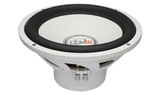 PowerBass XL-1240MF white 12-inch marine subwoofer, angled top and side view without grille
