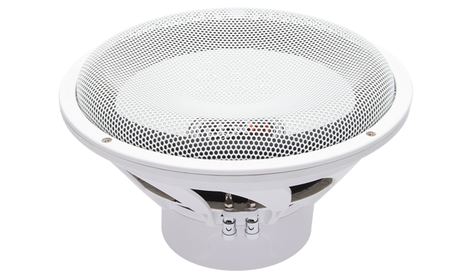 PowerBass XL-1240MF official gallery image showing white marine subwoofer with metal mesh grille installed