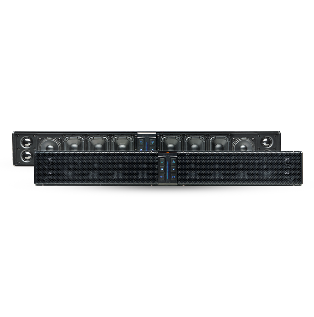 PowerBass XL-1250 sound bar shown with and without the front grille