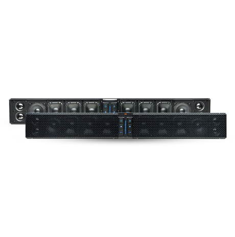 PowerBass XL-1250 sound bar shown with and without the front grille