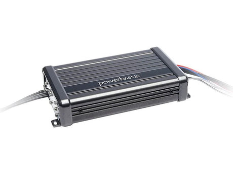 PowerBass XL-2305MX two-channel marine amplifier with attached wiring