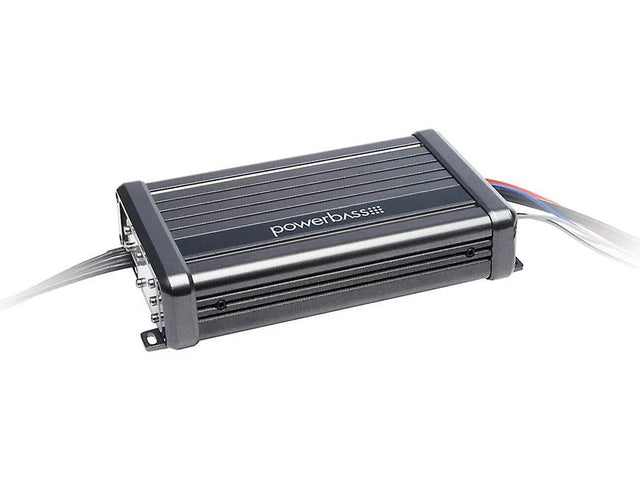 PowerBass XL-2305MX two-channel marine amplifier with attached wiring