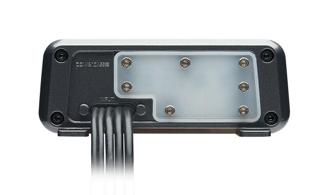 PowerBass XL-4255MX amplifier end panel showing the sealed control cover and cable harness