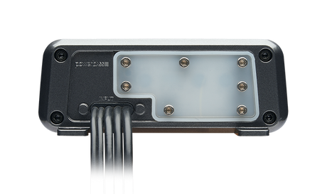 PowerBass XL-4255MX amplifier end panel showing the sealed control cover and cable harness