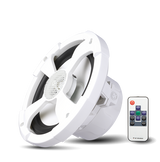 PowerBass XL-62M white 6.5-inch marine coaxial speaker angled upright beside RGB lighting remote