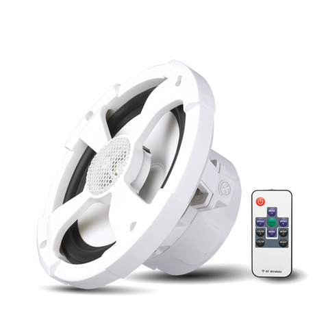 PowerBass XL-62M white 6.5-inch marine coaxial speaker angled upright beside RGB lighting remote