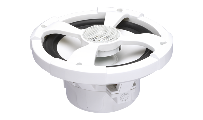 PowerBass XL-62M white 6.5-inch marine coaxial speaker, angled top and side view