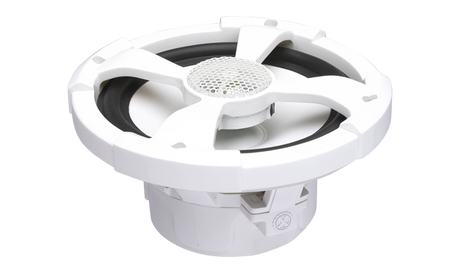PowerBass XL-62M white 6.5-inch marine coaxial speaker, angled top and side view