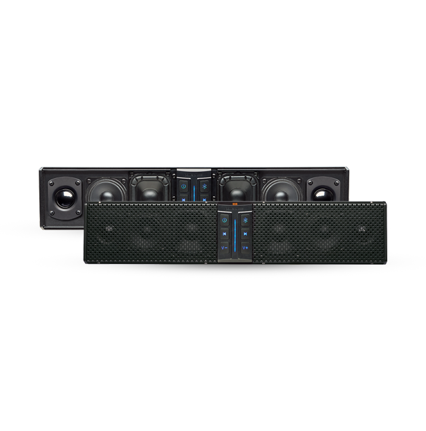PowerBass XL-650 sound bar shown with and without the front grille