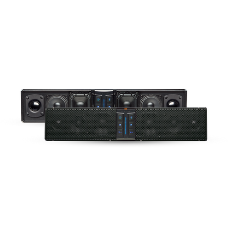 PowerBass XL-650 sound bar shown with and without the front grille
